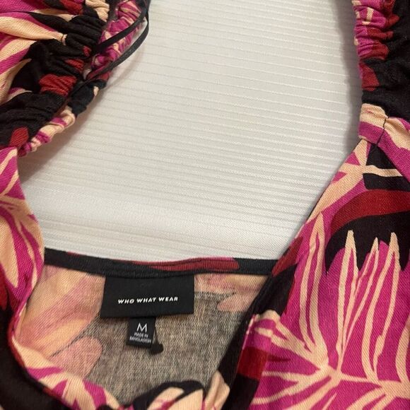 Who What Wear Pink Tropical Linen Puff Sleeve Dress Size Medium - Picture 9 of 11